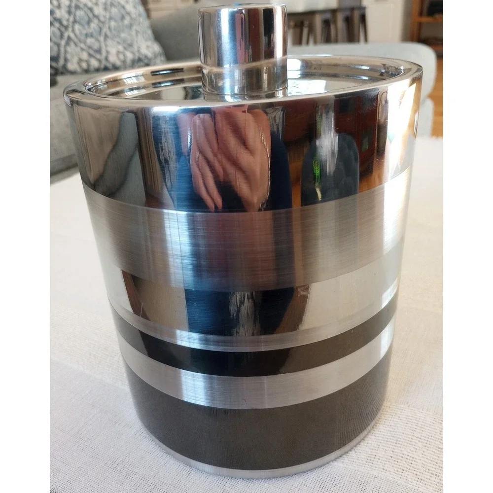 Crate&Barrel 3 Tone Stripe Ice Bucket 405-523 Made In India Silver/Graphite
